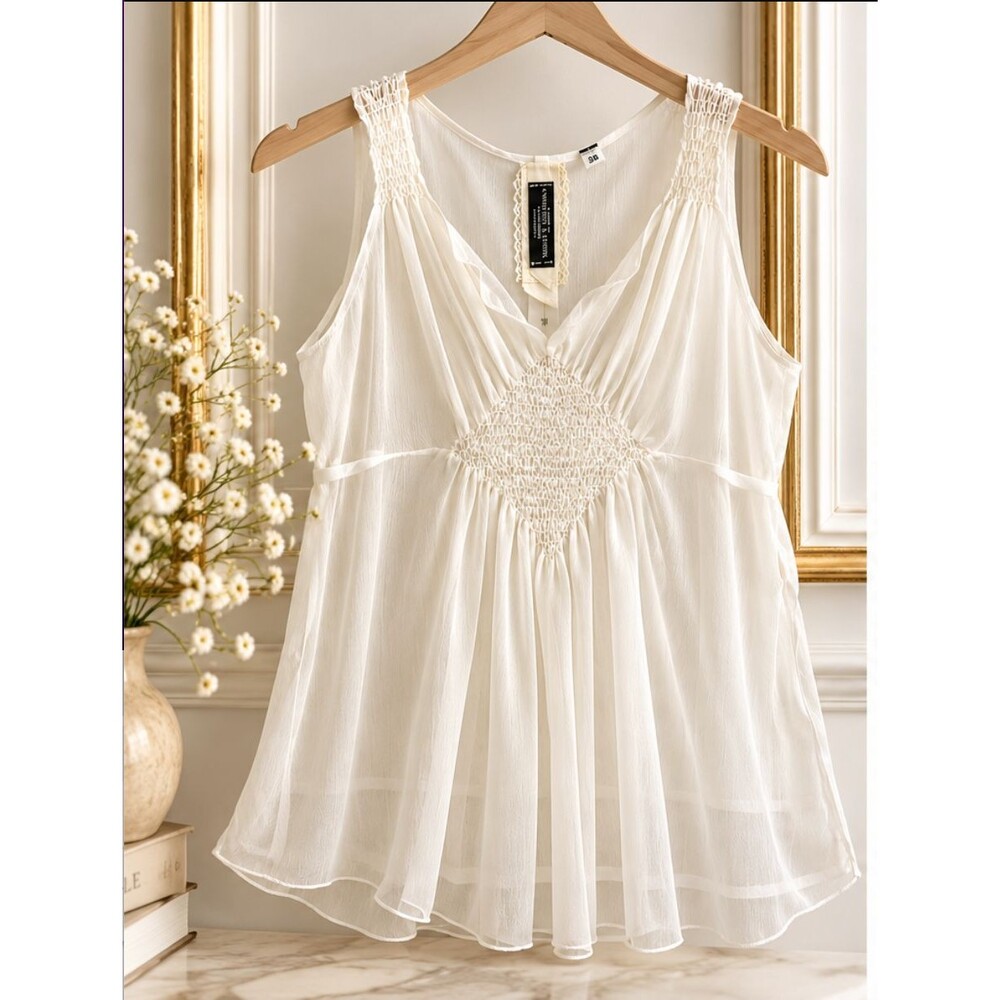 Anthropologie Andersen & Lauth Womens 38 Ivory Sheer Smocked Blouse Boho Tank